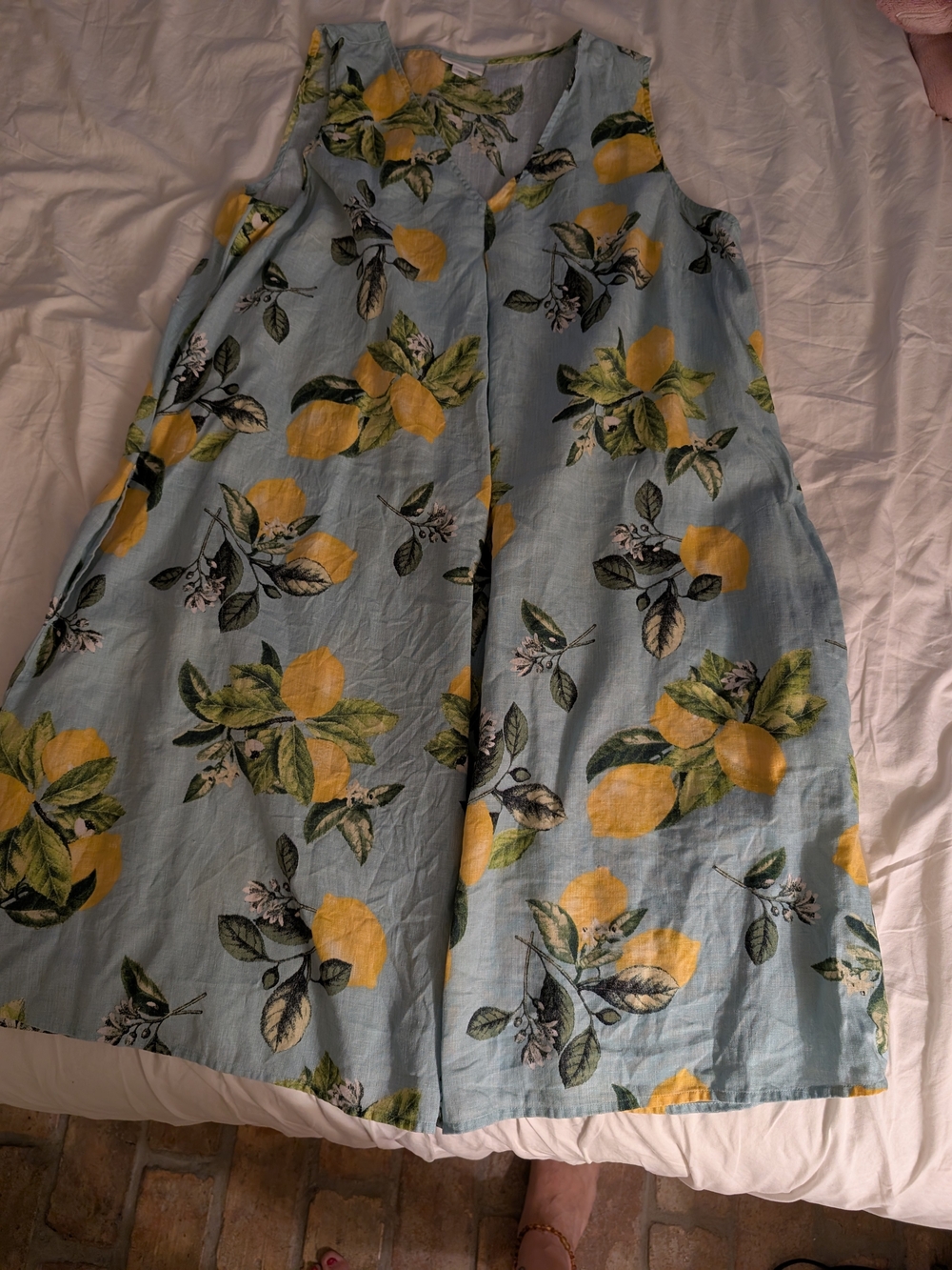 Sleeveless Light Blue Lemon Print A-Line Dress